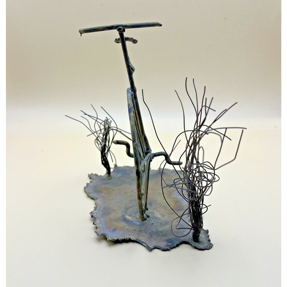 Vintage Metal Art Sculpture Copper Rust Tin High Wheel Bicycle Retro MCM Signed - Picture 3 of 6